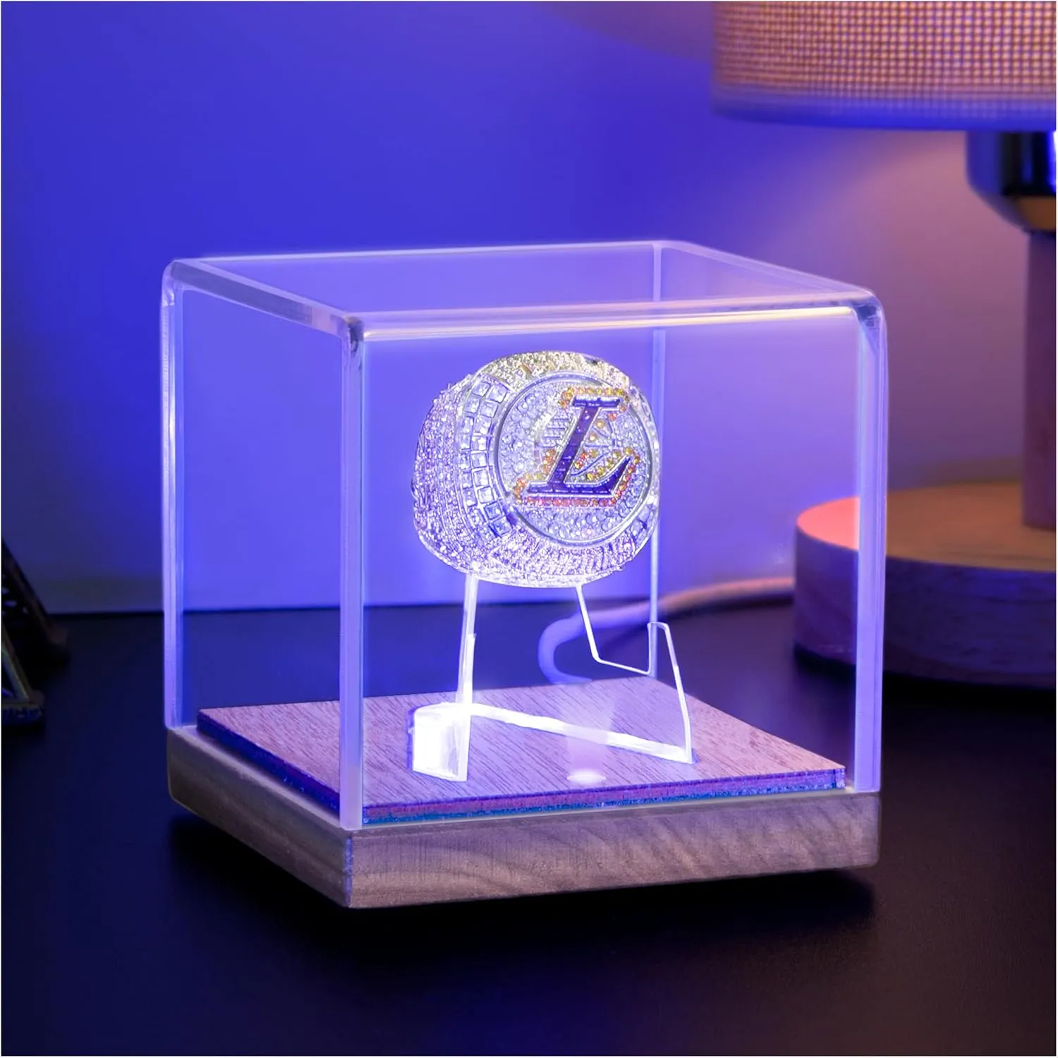 Championship Ring Display Case with Led Light, UV-Protected Clear Challenge Coin Holder with Walnut Wood Stand Base, Display Box for Memorabilia, Gift for Baseball, Softball, Super Bowl, Football Ring