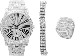 Charles Raymond Bling-ed Out 3 or 2 Row Tennis Men's or Miami Cuban Bracelet - Your Choice!! with Hip Hop Roman Numeral Dial Watch and Bling Ring - L0503