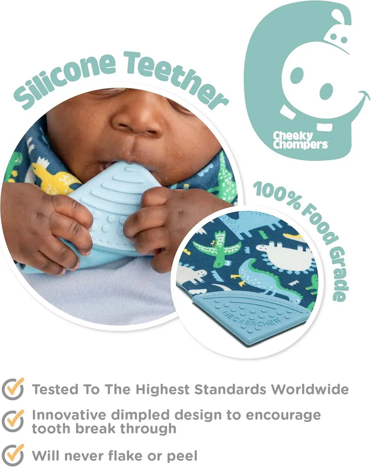 Cheeky Chompers Neckerchew Teething Bib, 2-in-1 Bandana Style Bib w/Food Grade Silicone Teether