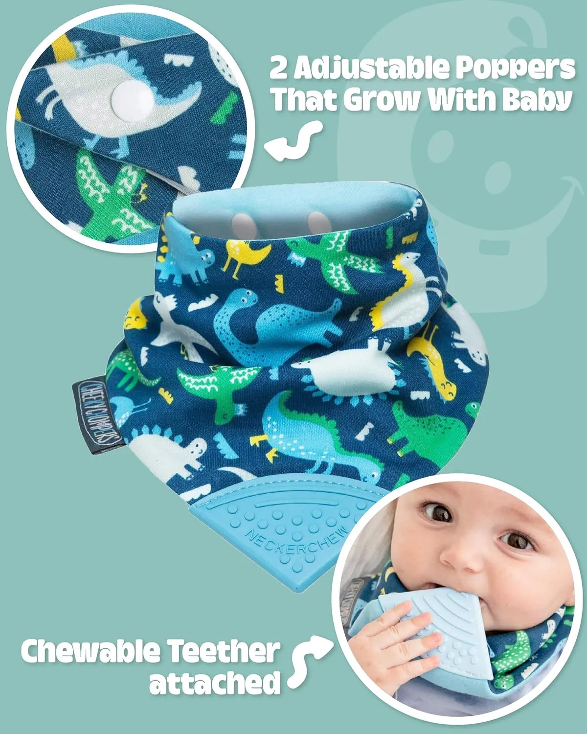 Cheeky Chompers Neckerchew Teething Bib, 2-in-1 Bandana Style Bib w/Food Grade Silicone Teether