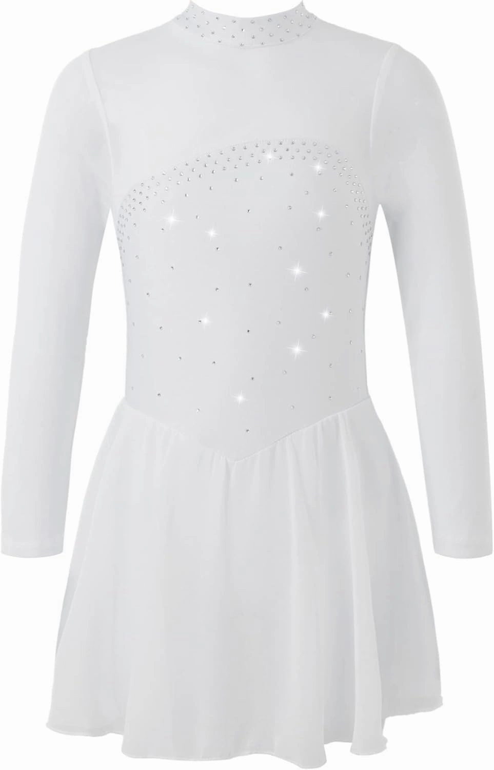 CHICTRY Youth Girls Mesh Splice Long Sleeve Rhinestone Figure Ice Skating Dress Ballet Tutu Leotard Dress