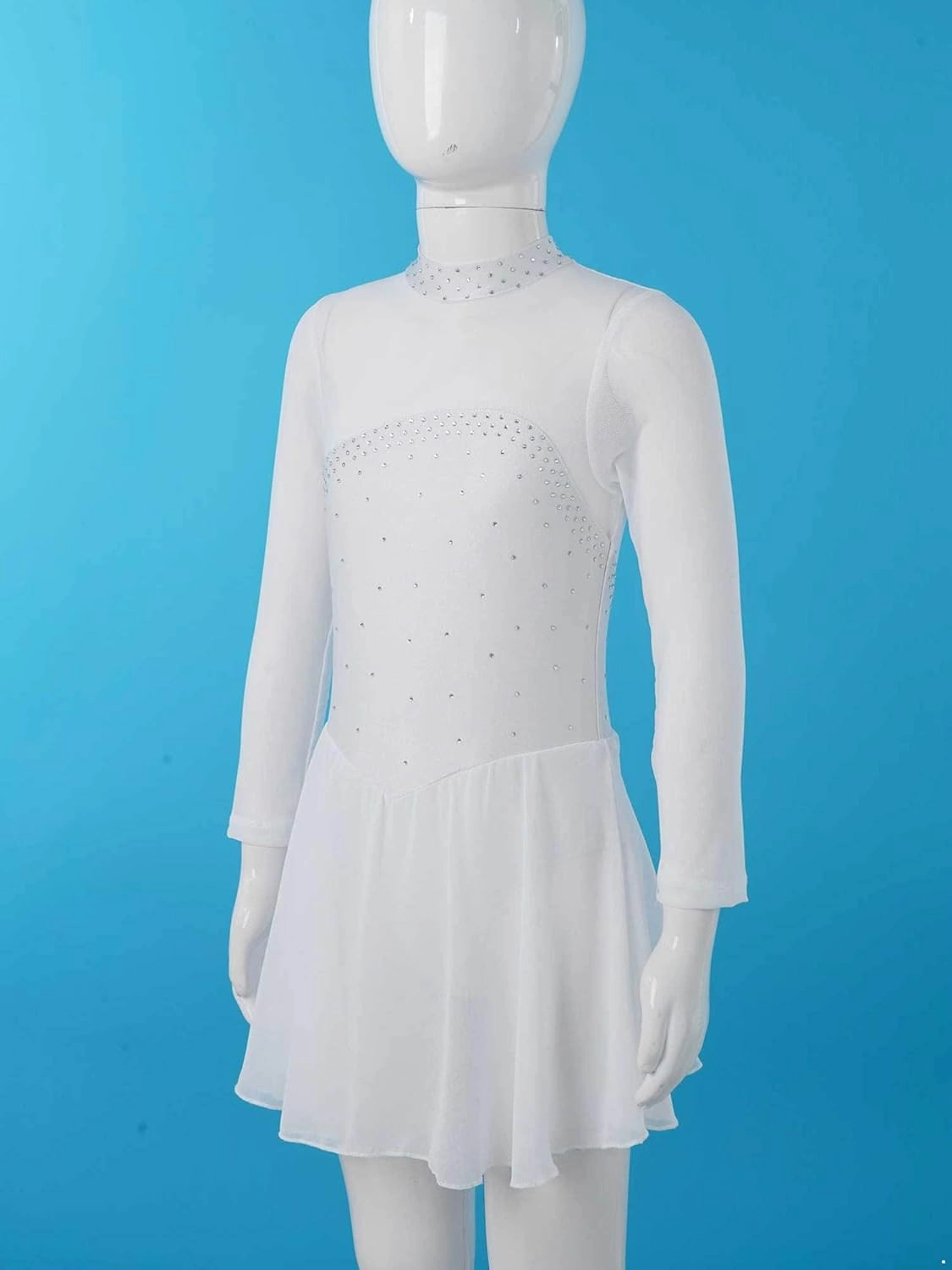 CHICTRY Youth Girls Mesh Splice Long Sleeve Rhinestone Figure Ice Skating Dress Ballet Tutu Leotard Dress