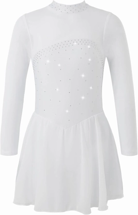 CHICTRY Youth Girls Mesh Splice Long Sleeve Rhinestone Figure Ice Skating Dress Ballet Tutu Leotard Dress