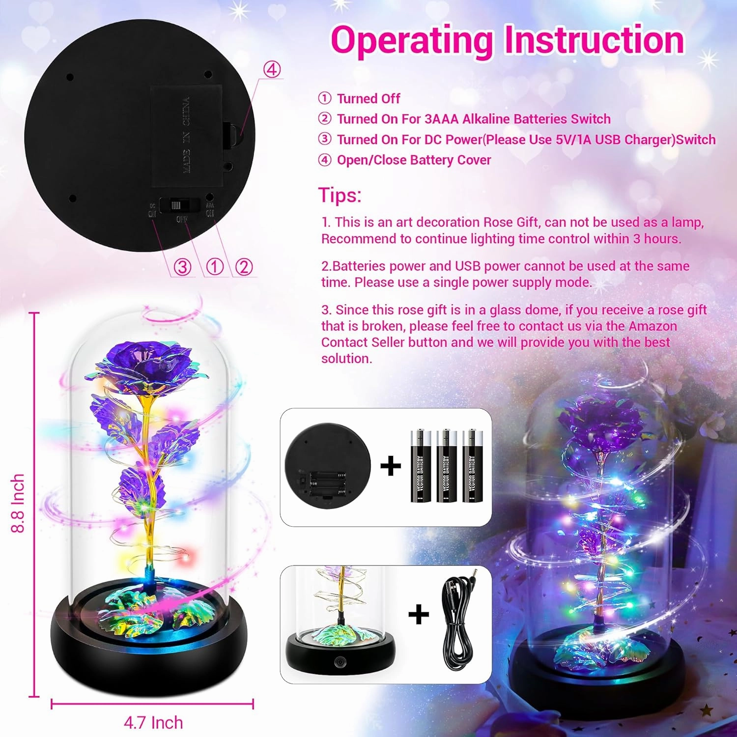 Childom Rotating Valentines Gifts for Her,Birthday Gifts for Women,Valentines Rose Flower,Light Up Rose in Glass Dome,Spinning Colorful Purple Artificial Flowers Gifts for Mom,Wife,Anniversary