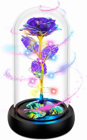 Childom Rotating Valentines Gifts for Her,Birthday Gifts for Women,Valentines Rose Flower,Light Up Rose in Glass Dome,Spinning Colorful Purple Artificial Flowers Gifts for Mom,Wife,Anniversary