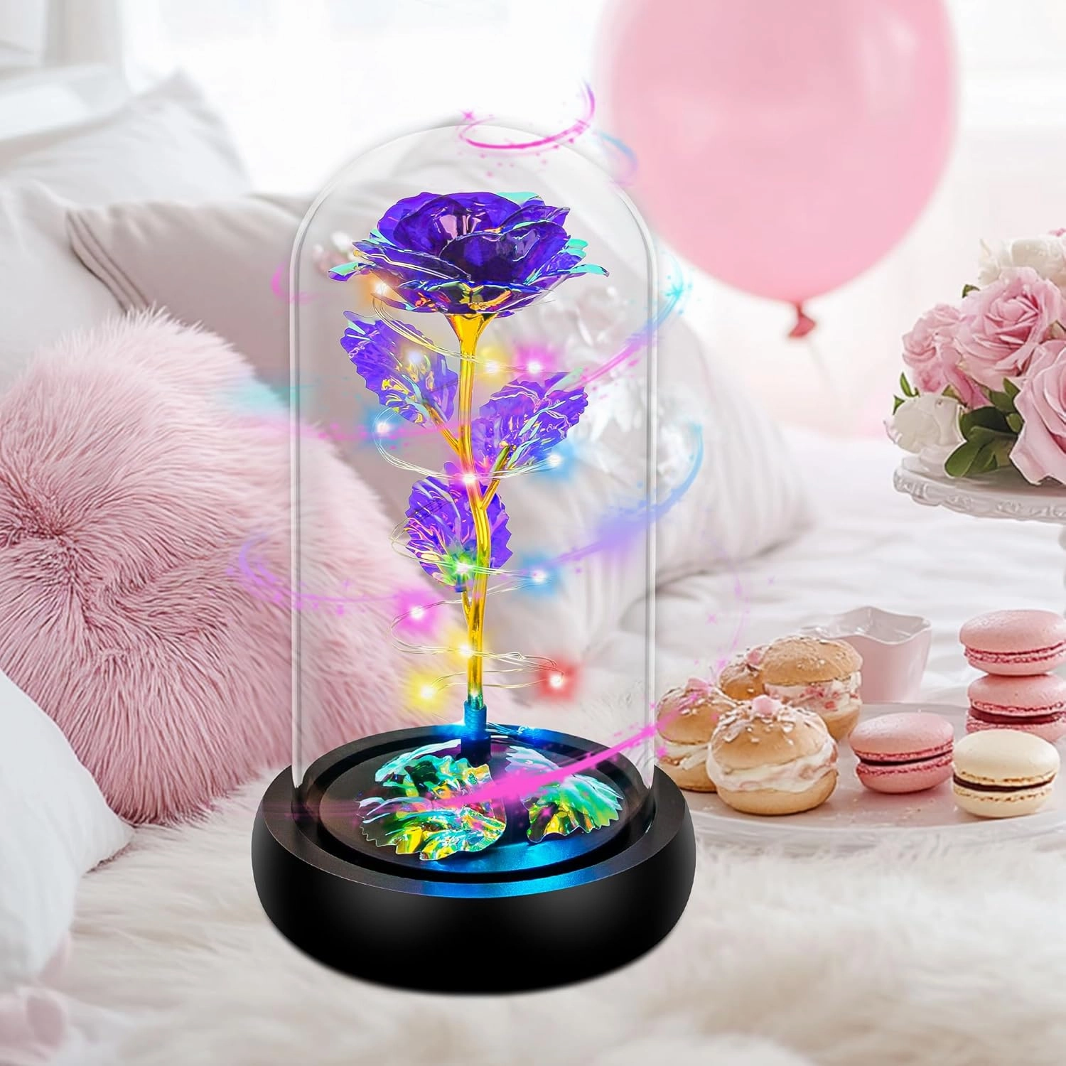 Childom Rotating Valentines Gifts for Her,Birthday Gifts for Women,Valentines Rose Flower,Light Up Rose in Glass Dome,Spinning Colorful Purple Artificial Flowers Gifts for Mom,Wife,Anniversary