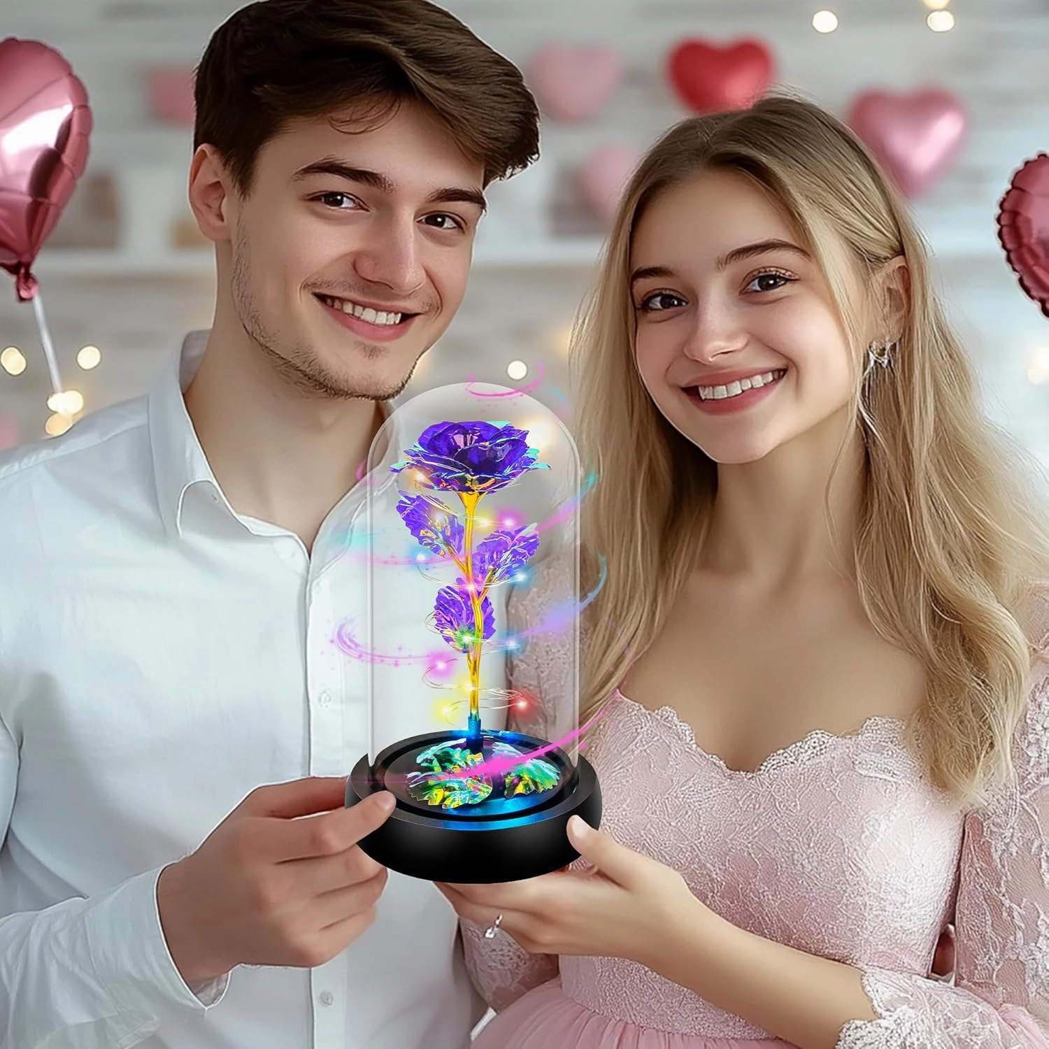 Childom Rotating Valentines Gifts for Her,Birthday Gifts for Women,Valentines Rose Flower,Light Up Rose in Glass Dome,Spinning Colorful Purple Artificial Flowers Gifts for Mom,Wife,Anniversary