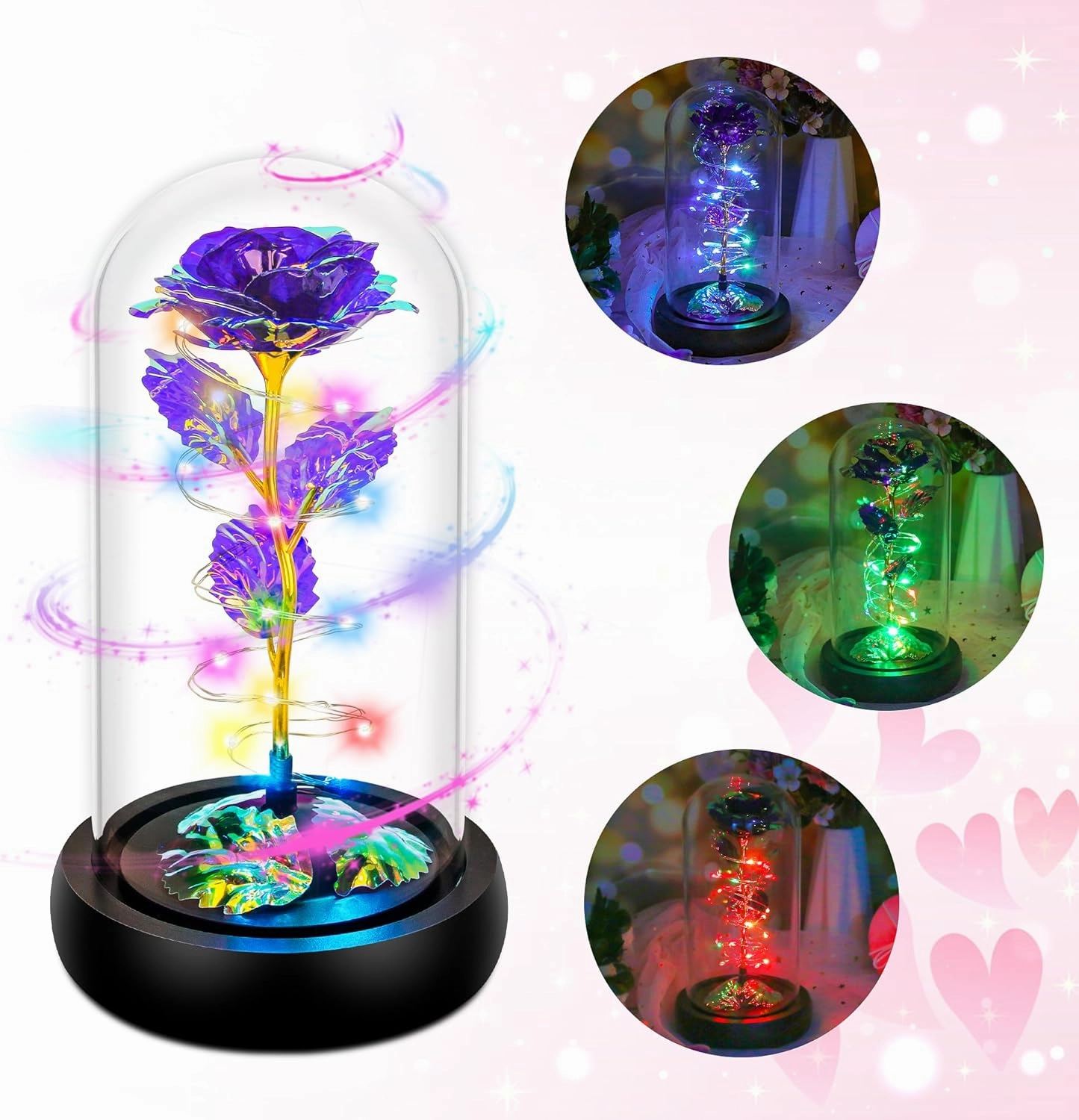 Childom Rotating Valentines Gifts for Her,Birthday Gifts for Women,Valentines Rose Flower,Light Up Rose in Glass Dome,Spinning Colorful Purple Artificial Flowers Gifts for Mom,Wife,Anniversary