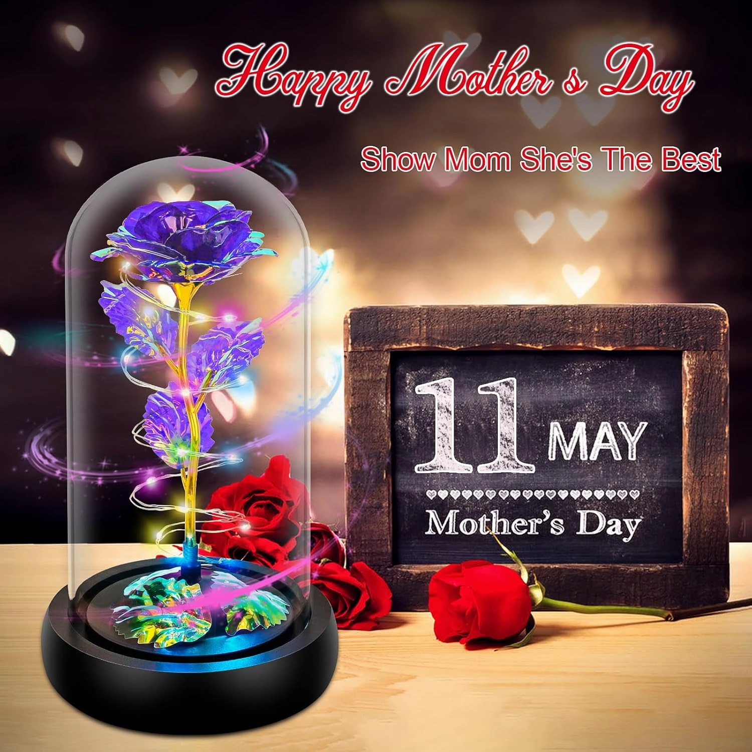 Childom Rotating Valentines Gifts for Her,Birthday Gifts for Women,Valentines Rose Flower,Light Up Rose in Glass Dome,Spinning Colorful Purple Artificial Flowers Gifts for Mom,Wife,Anniversary