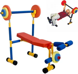Children Fitness Equipment, Kids Barbell Toy Set, Kids Fitness Exercise Equipment, Weight Bench Adjustable Barbell, Bench and Leg Press, for Beginner Exercise, Boys and Girls