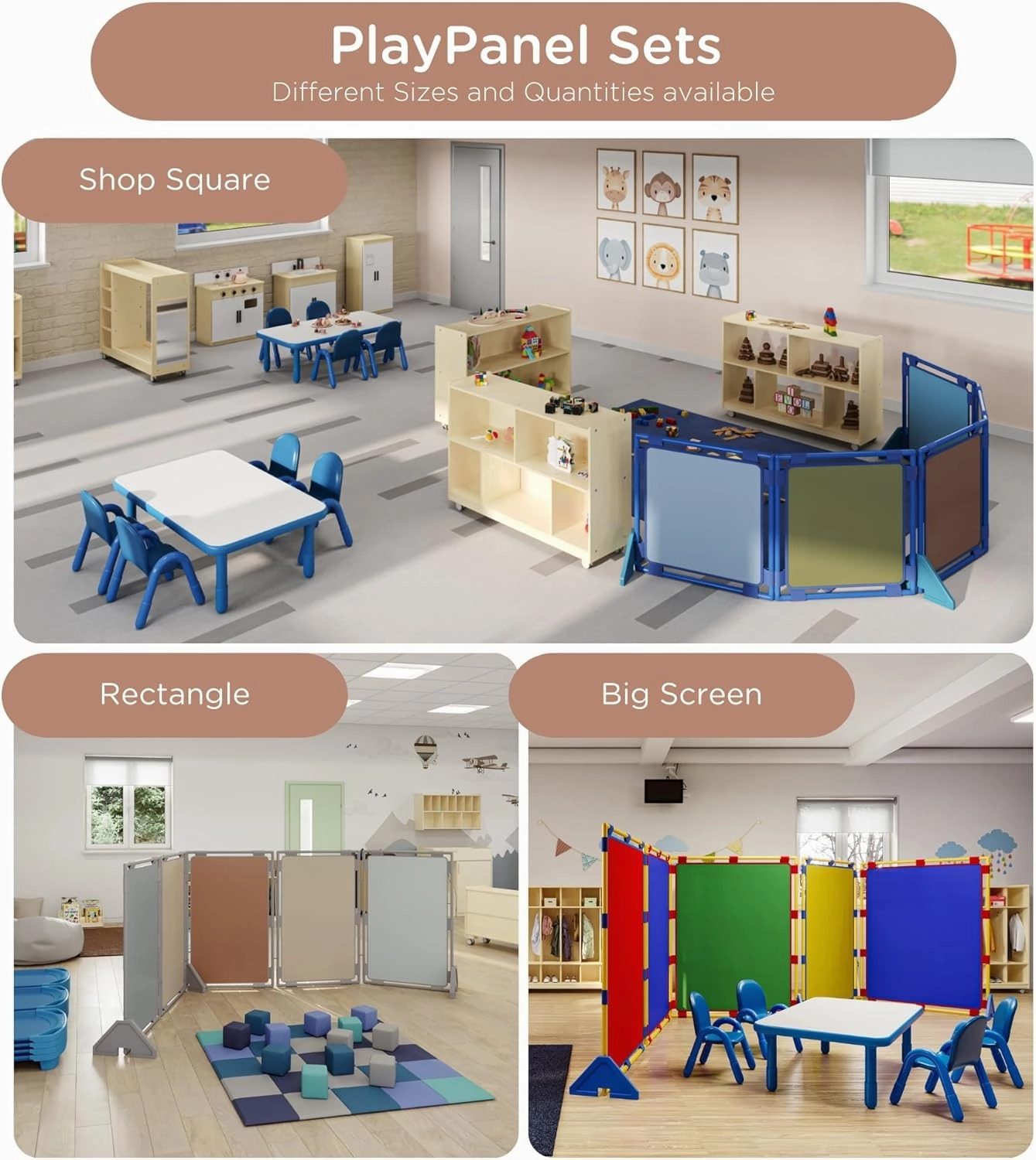 Children's Factory Big Screen PlayPanel - Set of 3, Kids Room Divider, Classroom Privacy Screen, Cantilever Feet Included, Elements