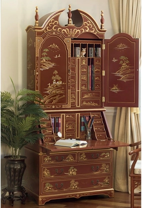 ChinaFurnitureOnline Wooden Oriental Secretaire Desk, Red Chinoiseries Motif - with Free Inside Delivery