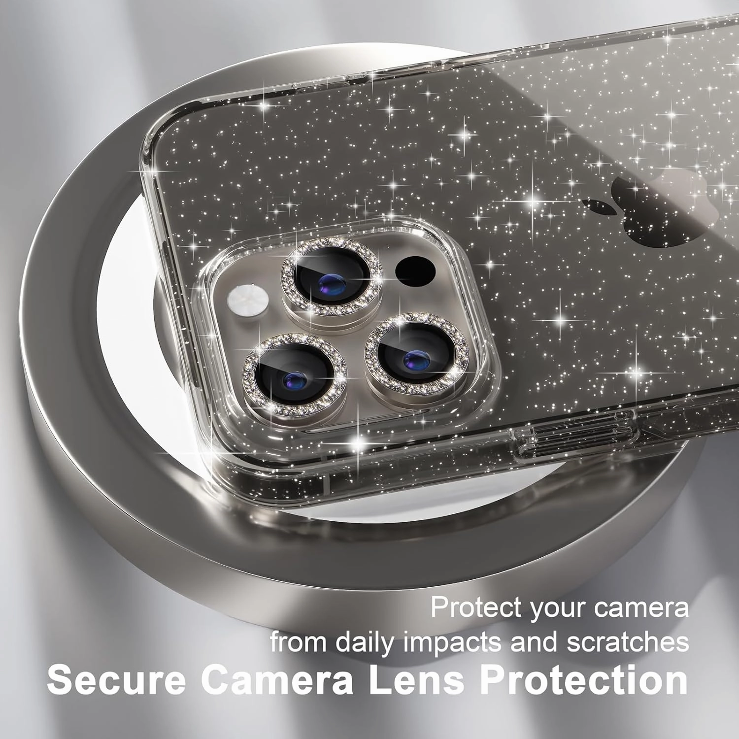 Choiche Compatible for iPhone 15 Pro Max Case, Women Cute Clear Glitter Bling Sparkly Case, [3 x Diamond Camera Lens Protectors] [2 x Tempered Glass Screen Protectors] 6.7-inch (Glitter Gray)