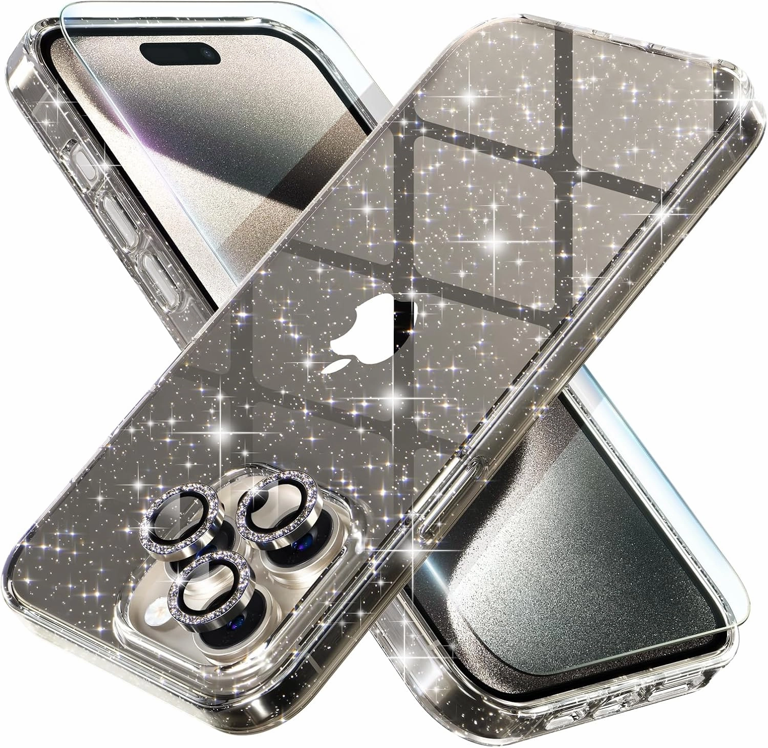 Choiche Compatible for iPhone 15 Pro Max Case, Women Cute Clear Glitter Bling Sparkly Case, [3 x Diamond Camera Lens Protectors] [2 x Tempered Glass Screen Protectors] 6.7-inch (Glitter Gray)