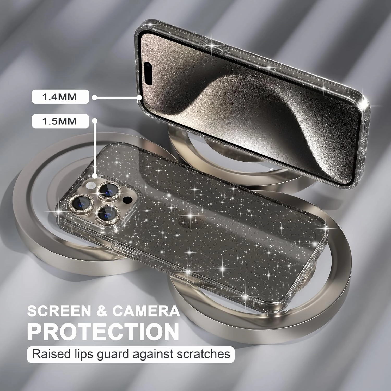 Choiche Compatible for iPhone 15 Pro Max Case, Women Cute Clear Glitter Bling Sparkly Case, [3 x Diamond Camera Lens Protectors] [2 x Tempered Glass Screen Protectors] 6.7-inch (Glitter Gray)