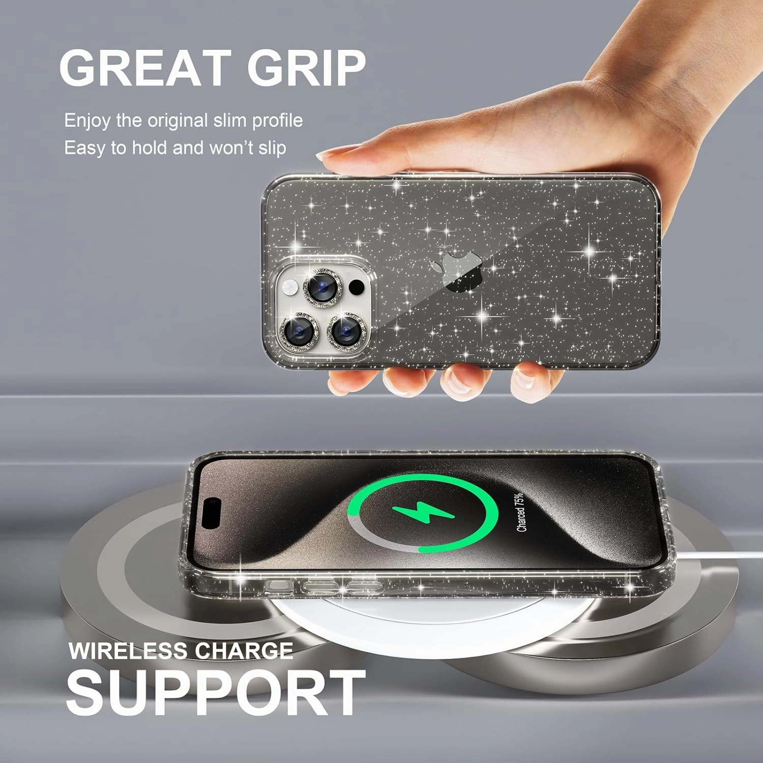 Choiche Compatible for iPhone 15 Pro Max Case, Women Cute Clear Glitter Bling Sparkly Case, [3 x Diamond Camera Lens Protectors] [2 x Tempered Glass Screen Protectors] 6.7-inch (Glitter Gray)