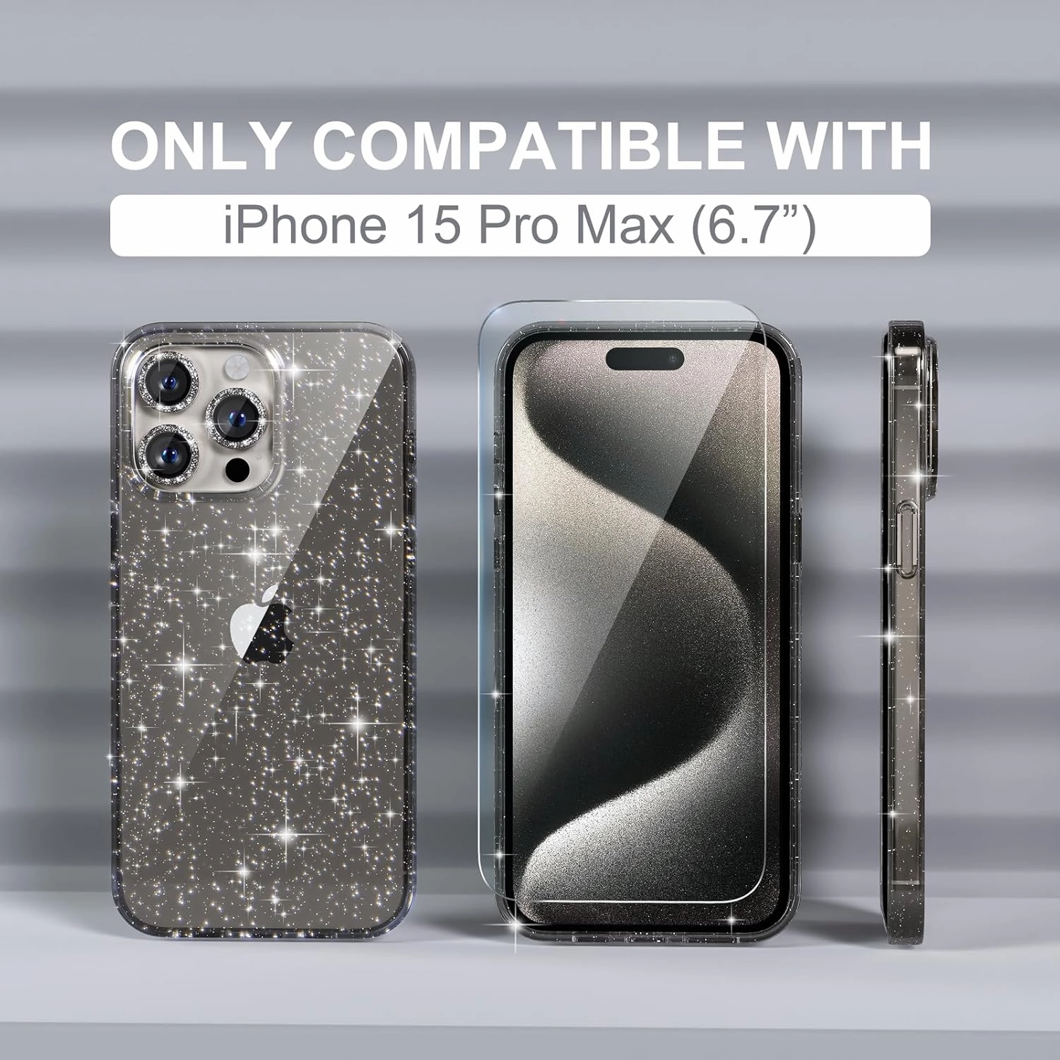 Choiche Compatible for iPhone 15 Pro Max Case, Women Cute Clear Glitter Bling Sparkly Case, [3 x Diamond Camera Lens Protectors] [2 x Tempered Glass Screen Protectors] 6.7-inch (Glitter Gray)