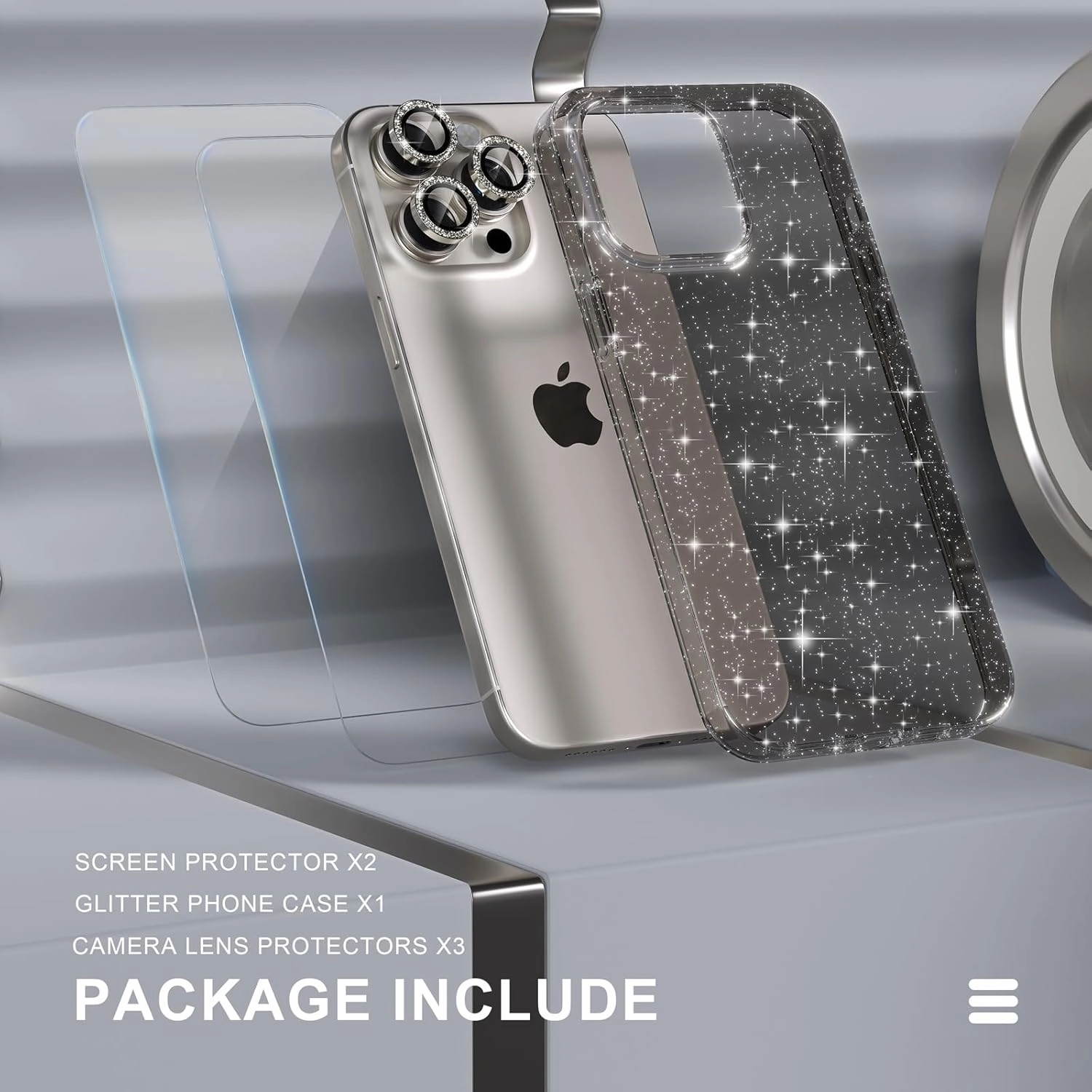 Choiche Compatible for iPhone 15 Pro Max Case, Women Cute Clear Glitter Bling Sparkly Case, [3 x Diamond Camera Lens Protectors] [2 x Tempered Glass Screen Protectors] 6.7-inch (Glitter Gray)