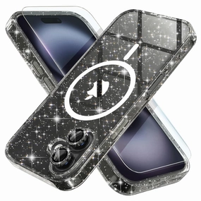 Choiche for iPhone 16 Case Magnetic, Women Clear Glitter Bling Sparkly Case, [2xDiamond Camera Lens Protectors] [2xTempered Glass Screen Protectors] [Compatible MagSafe] 6.1" (Glitter Black)