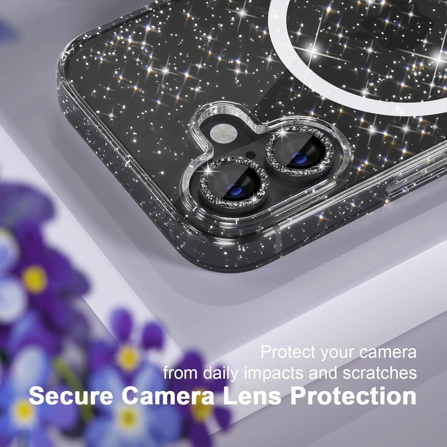 Choiche for iPhone 16 Case Magnetic, Women Clear Glitter Bling Sparkly Case, [2xDiamond Camera Lens Protectors] [2xTempered Glass Screen Protectors] [Compatible MagSafe] 6.1" (Glitter Black)