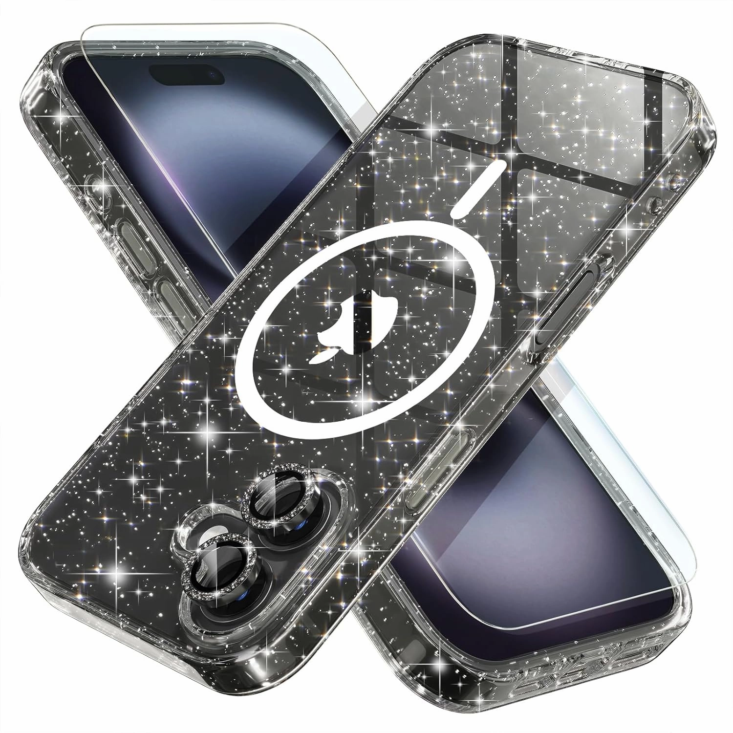 Choiche for iPhone 16 Case Magnetic, Women Clear Glitter Bling Sparkly Case, [2xDiamond Camera Lens Protectors] [2xTempered Glass Screen Protectors] [Compatible MagSafe] 6.1" (Glitter Black)