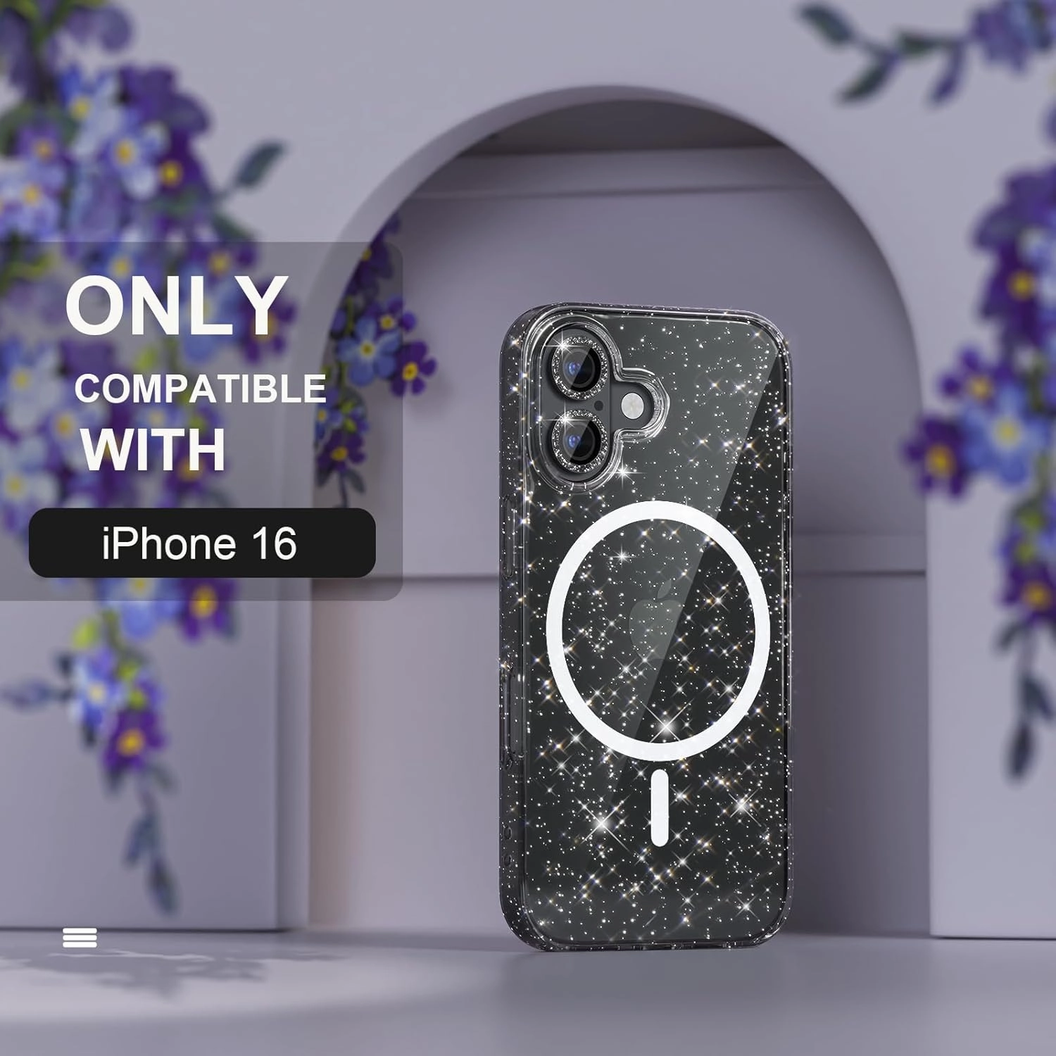 Choiche for iPhone 16 Case Magnetic, Women Clear Glitter Bling Sparkly Case, [2xDiamond Camera Lens Protectors] [2xTempered Glass Screen Protectors] [Compatible MagSafe] 6.1" (Glitter Black)