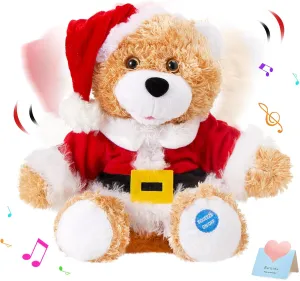 Christmas Santa Teddy Bear Singing Stuffed Animal Interactive Musical Plush Electric Toy with Christmas Hat Companion for Kids Girls Boys New Year Decor