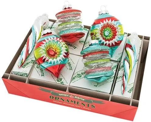 Christopher Radko Shiny Brite Festive Fete Mixed Shapes 6PC Set Assorted Sizes