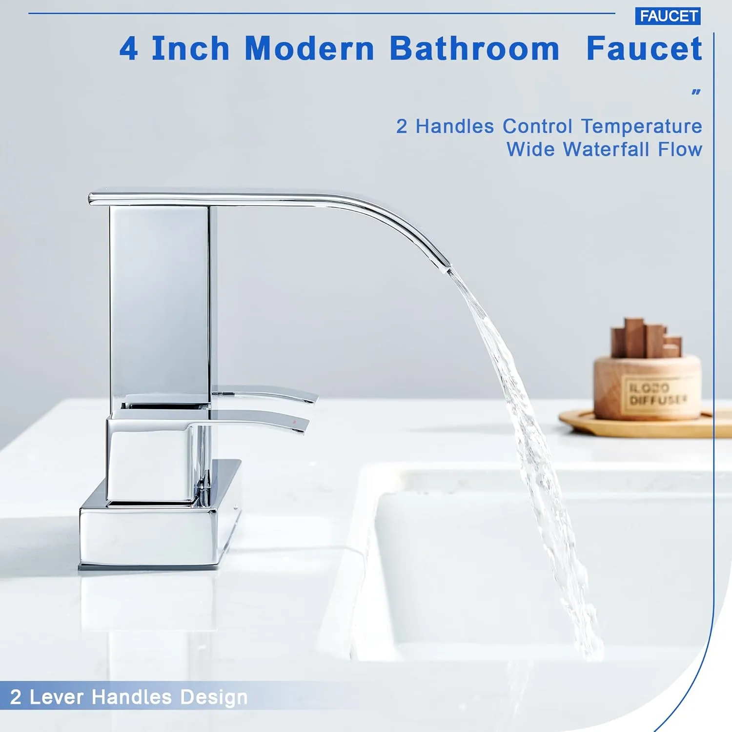 Chrome Bathroom Sink Faucet 2 Handles with Pop up Drain - Waterfall Bathroom Faucet Set 4 inch 2 or 3 Holes Centerset Mixer Tap Faucet with Supply Hoses for Bathroom Vanity Sink Vessel Basin
