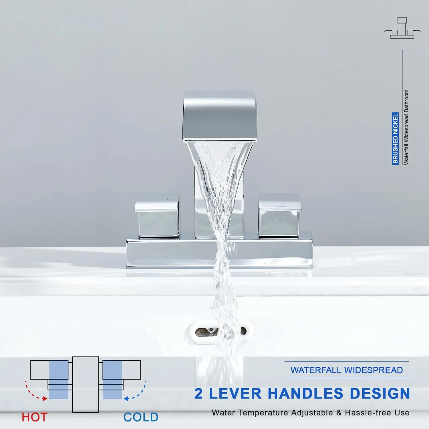 Chrome Bathroom Sink Faucet 2 Handles with Pop up Drain - Waterfall Bathroom Faucet Set 4 inch 2 or 3 Holes Centerset Mixer Tap Faucet with Supply Hoses for Bathroom Vanity Sink Vessel Basin