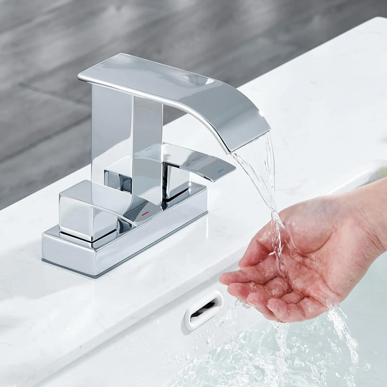 Chrome Bathroom Sink Faucet 2 Handles with Pop up Drain - Waterfall Bathroom Faucet Set 4 inch 2 or 3 Holes Centerset Mixer Tap Faucet with Supply Hoses for Bathroom Vanity Sink Vessel Basin