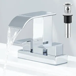 Chrome Bathroom Sink Faucet 2 Handles with Pop up Drain - Waterfall Bathroom Faucet Set 4 inch 2 or 3 Holes Centerset Mixer Tap Faucet with Supply Hoses for Bathroom Vanity Sink Vessel Basin
