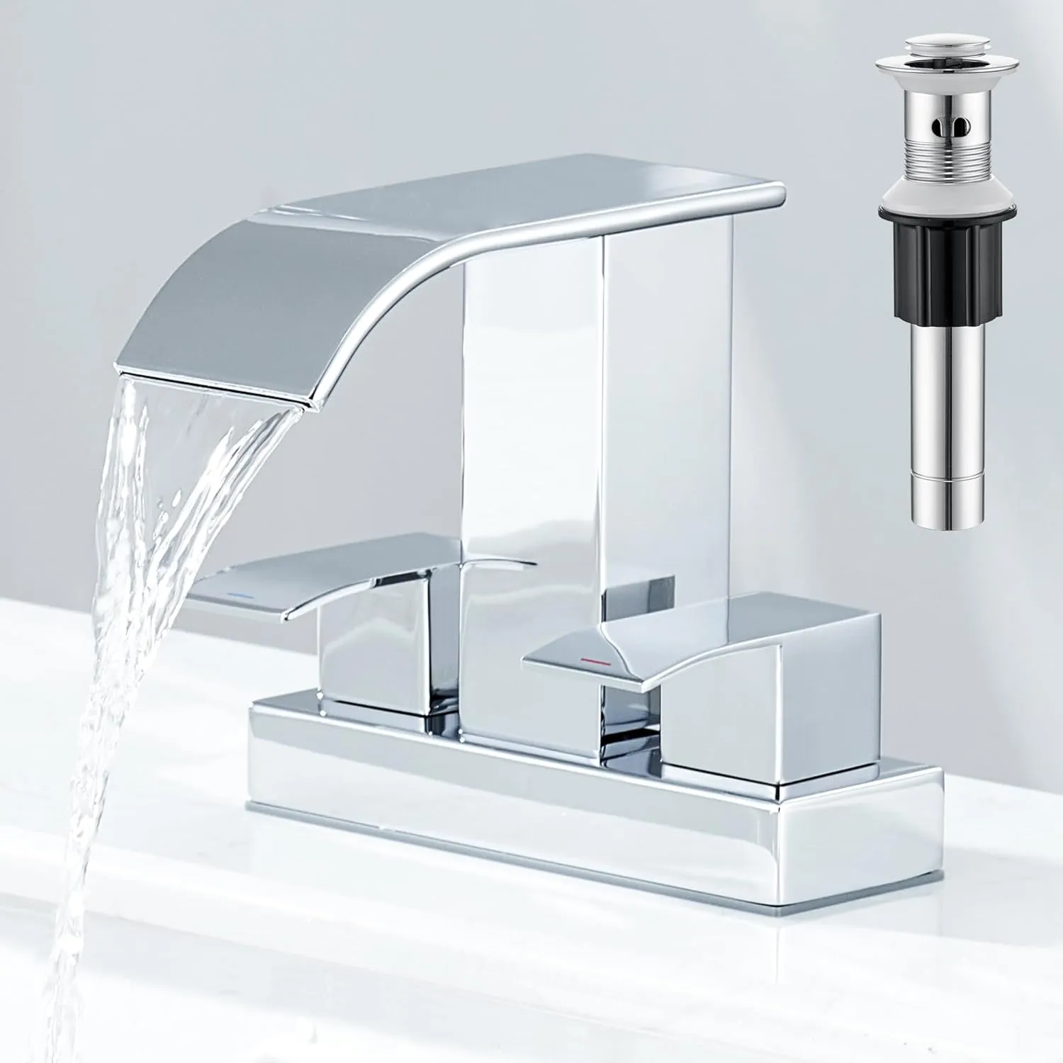 Chrome Bathroom Sink Faucet 2 Handles with Pop up Drain - Waterfall Bathroom Faucet Set 4 inch 2 or 3 Holes Centerset Mixer Tap Faucet with Supply Hoses for Bathroom Vanity Sink Vessel Basin