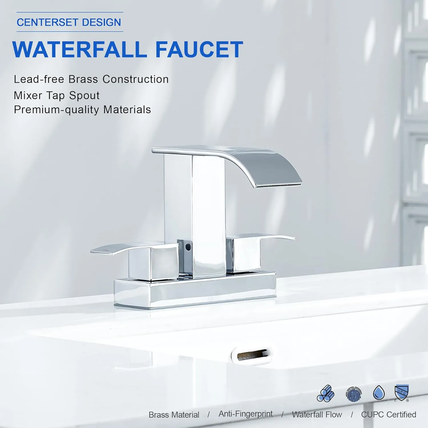 Chrome Bathroom Sink Faucet 2 Handles with Pop up Drain - Waterfall Bathroom Faucet Set 4 inch 2 or 3 Holes Centerset Mixer Tap Faucet with Supply Hoses for Bathroom Vanity Sink Vessel Basin