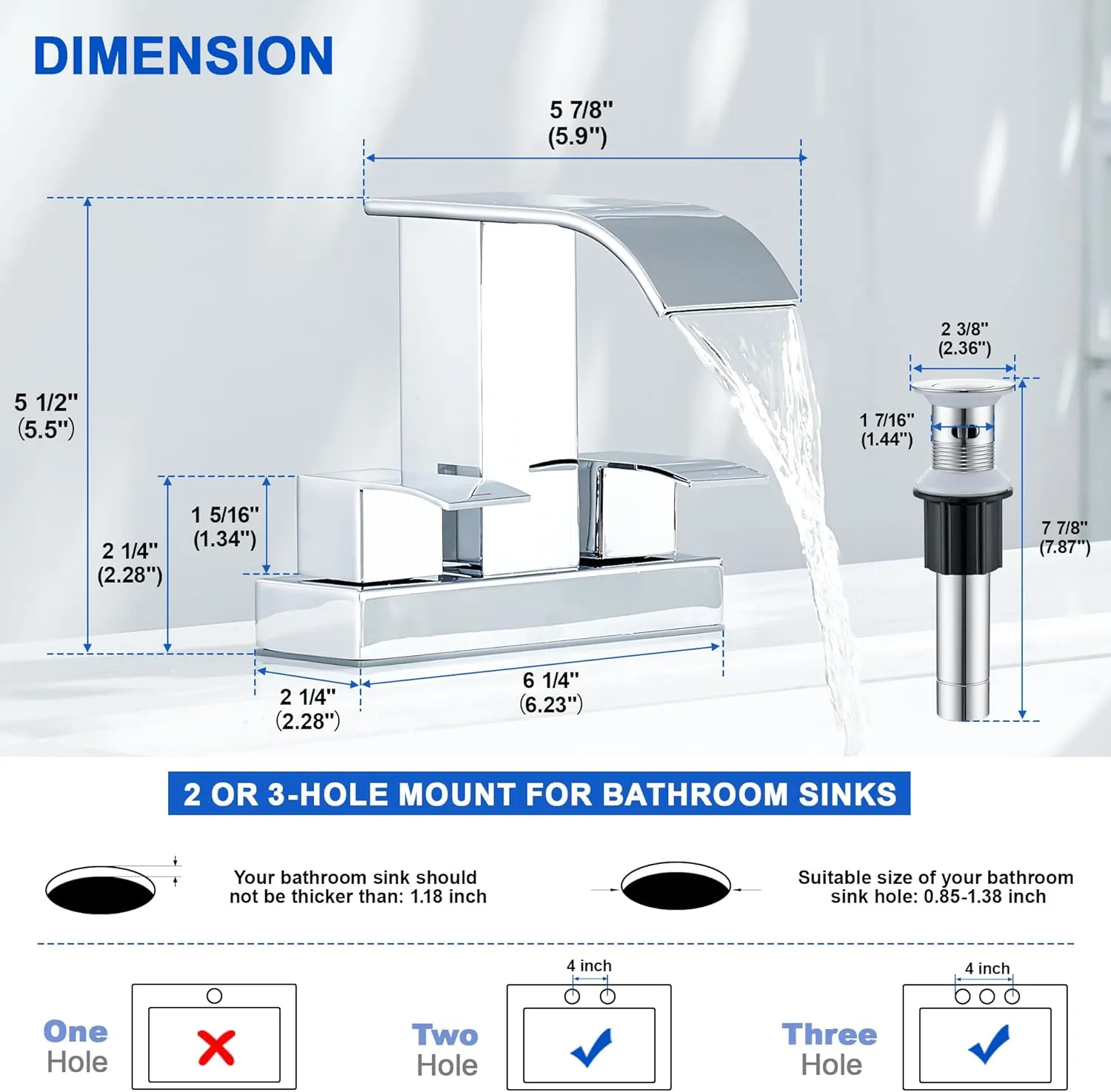 Chrome Bathroom Sink Faucet 2 Handles with Pop up Drain - Waterfall Bathroom Faucet Set 4 inch 2 or 3 Holes Centerset Mixer Tap Faucet with Supply Hoses for Bathroom Vanity Sink Vessel Basin