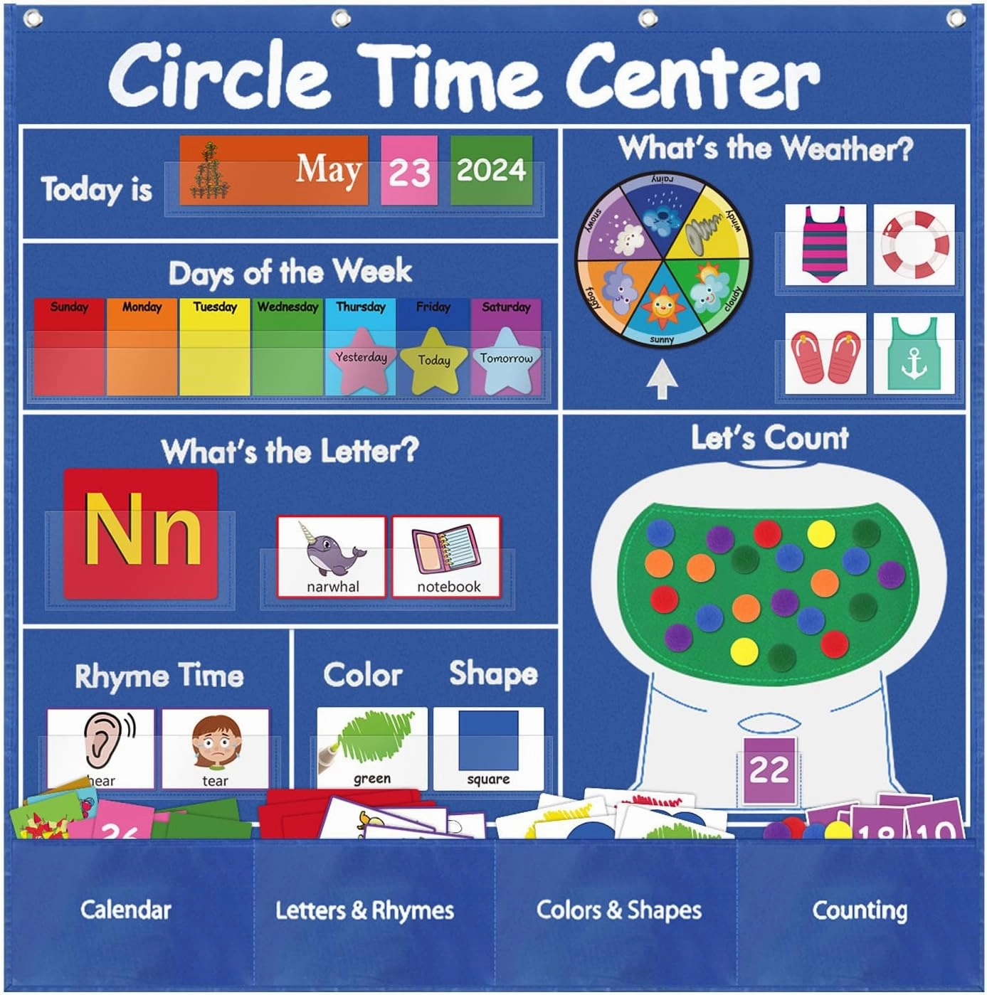 Circle Time Learning Center Classroom Pocket Chart, Circle Time Calendar Preschool, Educational Pocket Chart Teaching Materials, Learning Calendar Weather Counting Letter Color Shape etc