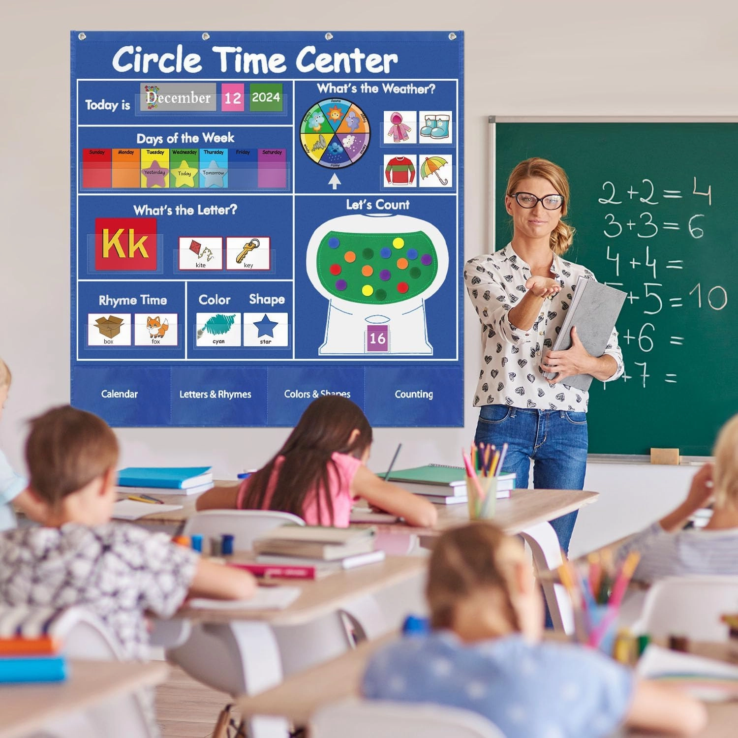 Circle Time Learning Center Classroom Pocket Chart, Circle Time Calendar Preschool, Educational Pocket Chart Teaching Materials, Learning Calendar Weather Counting Letter Color Shape etc