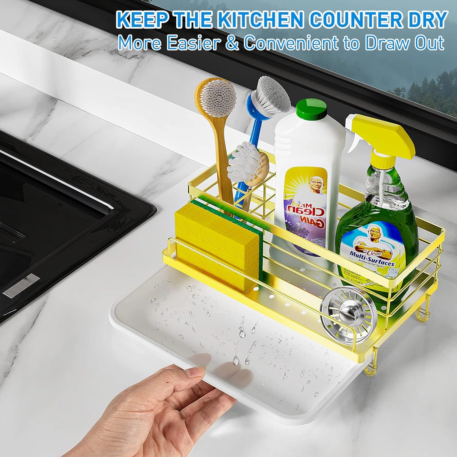 Cisily Kitchen Sink Caddy, Gold, Unisex, 5.3 in Wide, 9.49 in Long, 4 Storage Spaces, Stain-Resistant Tray, Anti-Rust, Easy to Clean