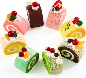 Civaner 8 Pieces Realistic Artificial Simulation Cake Dessert Mixed Fake Cake Food Model Faux Swiss Rolls Decorative Artificial Cake Food for Display Kitchen Decoration Photography Props, 4 Colors