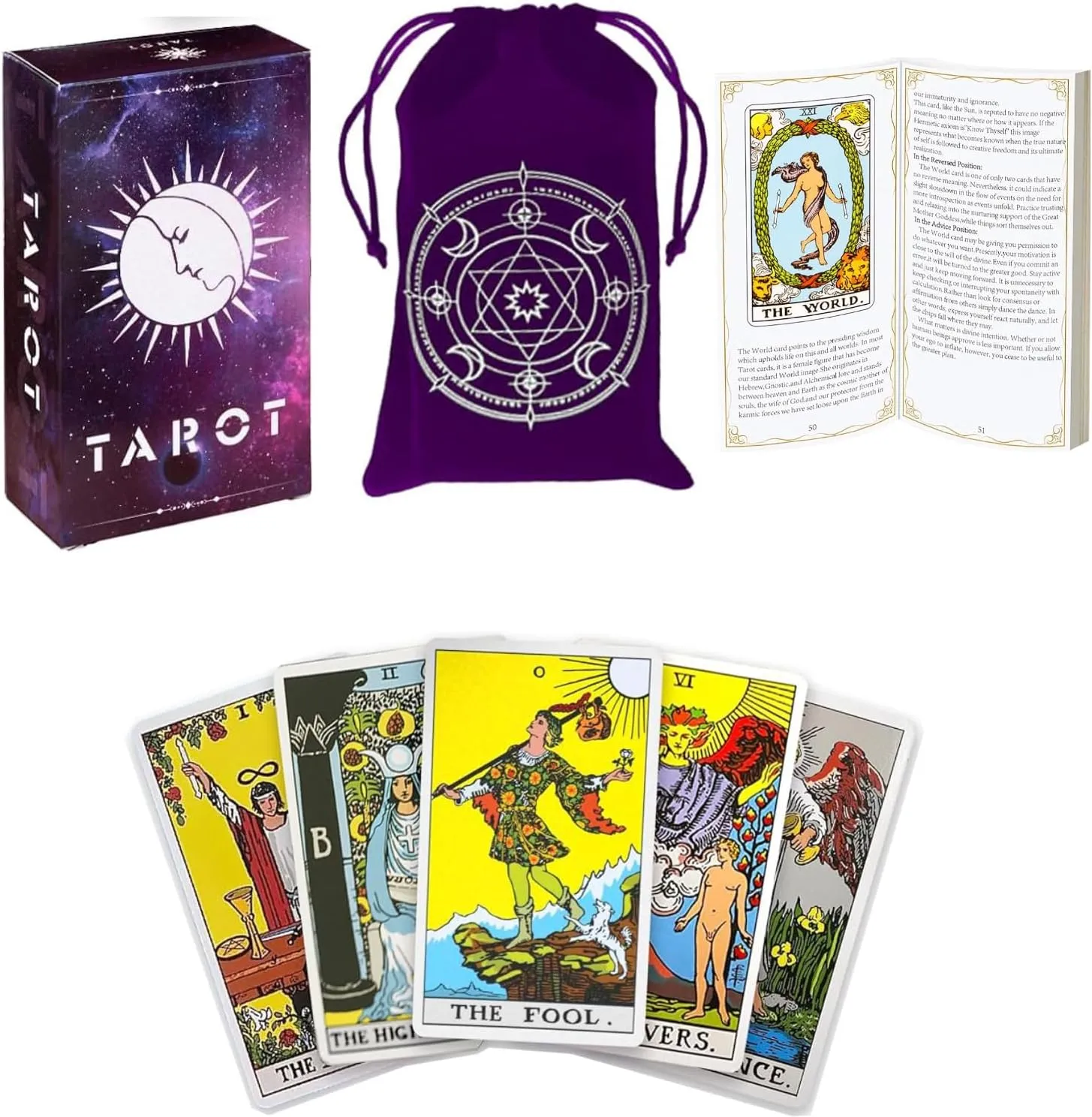 Classic Tarot Cards with Guide Book & Tarot Bag,78 Tarot Cards with Meaning on Them,Durable Tarot Fortune Telling Game for Beginners Set (Purple)