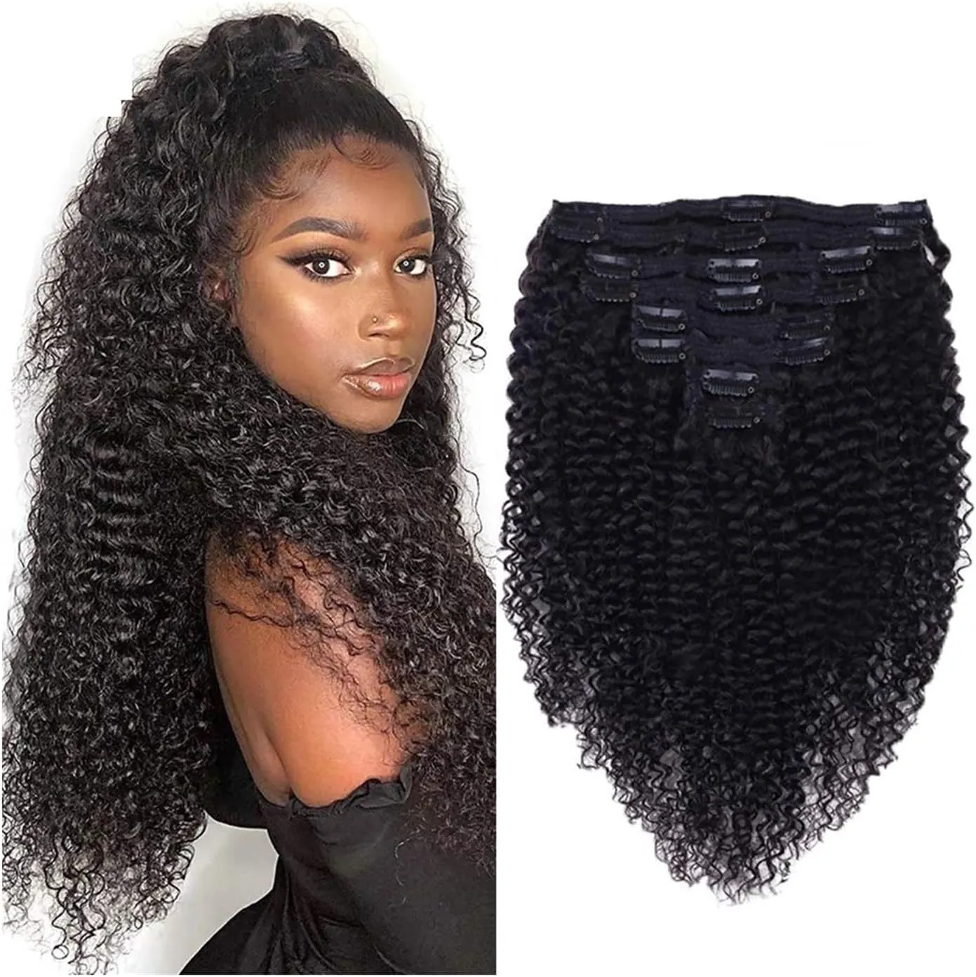 Clip in Hair Extensions Curly Clip in Hair Extensions Human Hair for Black Women - 8 Pieces/Set #1B Double Weft Brazilian Remy Human Hair Clip in Extensions Thick to Ends Human Hair Extensions Clip(20