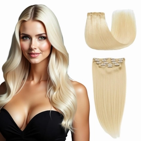 Clip in Hair Extensions - 100% Human Hair Remy Hair Extensions for Women - 7 Pieces, 120g Seamless Clip ins for Extra Volume/Style - Natural Straight (Blond #613, 20 inches)
