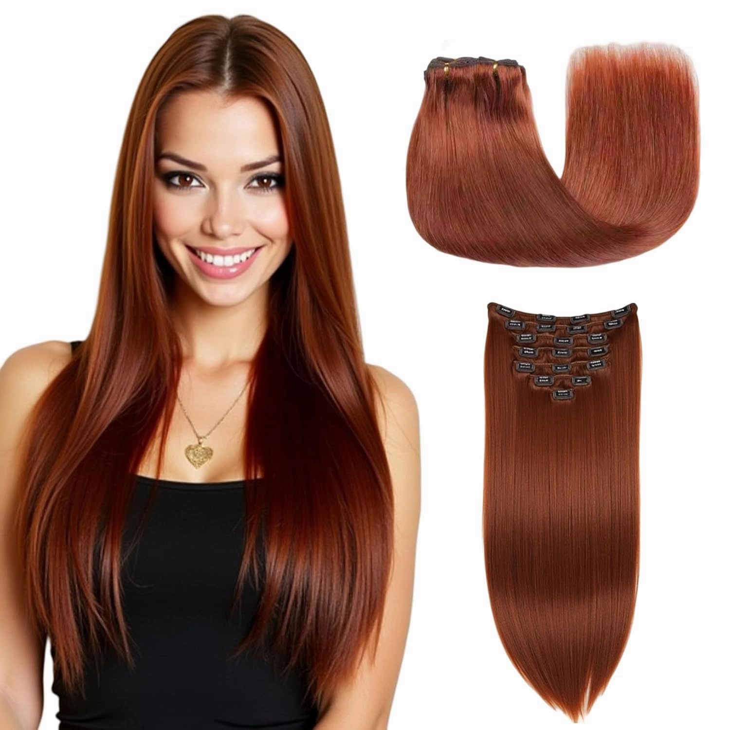 Clip in Hair Extensions - 100% Human Hair Remy Hair Extensions for Women - 7 Pieces, 120g Seamless Clip ins for Extra Volume/Style - Natural Straight (Reddish Brown #33, 18 inches)