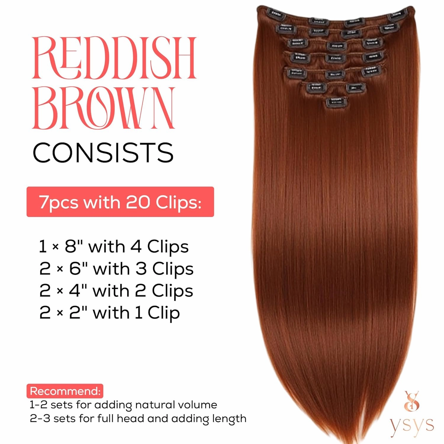 Clip in Hair Extensions - 100% Human Hair Remy Hair Extensions for Women - 7 Pieces, 120g Seamless Clip ins for Extra Volume/Style - Natural Straight (Reddish Brown #33, 18 inches)