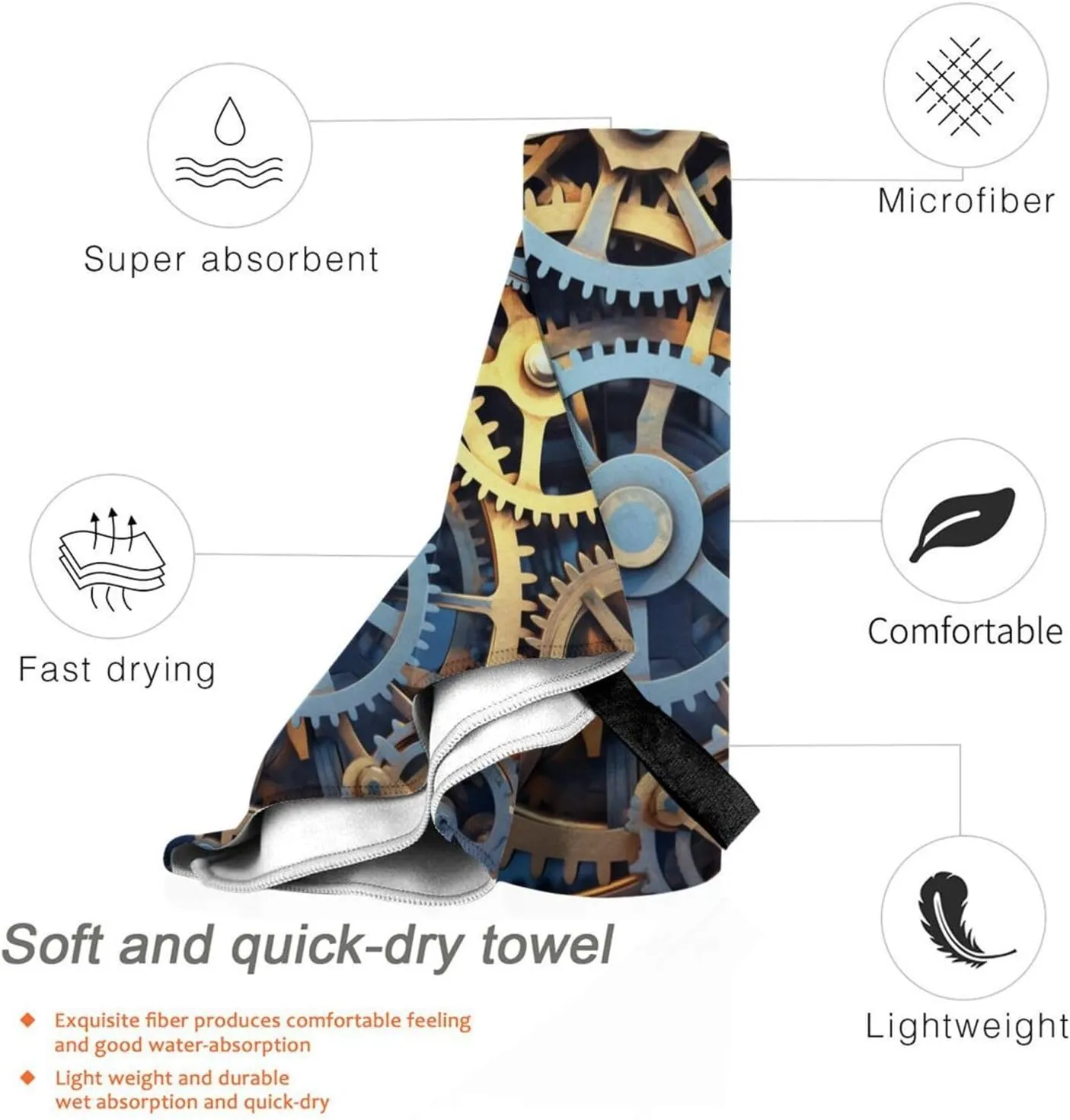 Clock Gears Premium Compact Microfiber Travel Towel-Featherlight & Quick Dry,Sand-Resistant Beach Towel for Swimming,Camping,Vacation Essentials with Carry Pouch