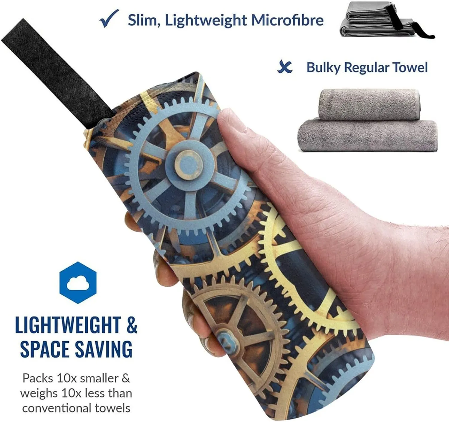 Clock Gears Premium Compact Microfiber Travel Towel-Featherlight & Quick Dry,Sand-Resistant Beach Towel for Swimming,Camping,Vacation Essentials with Carry Pouch
