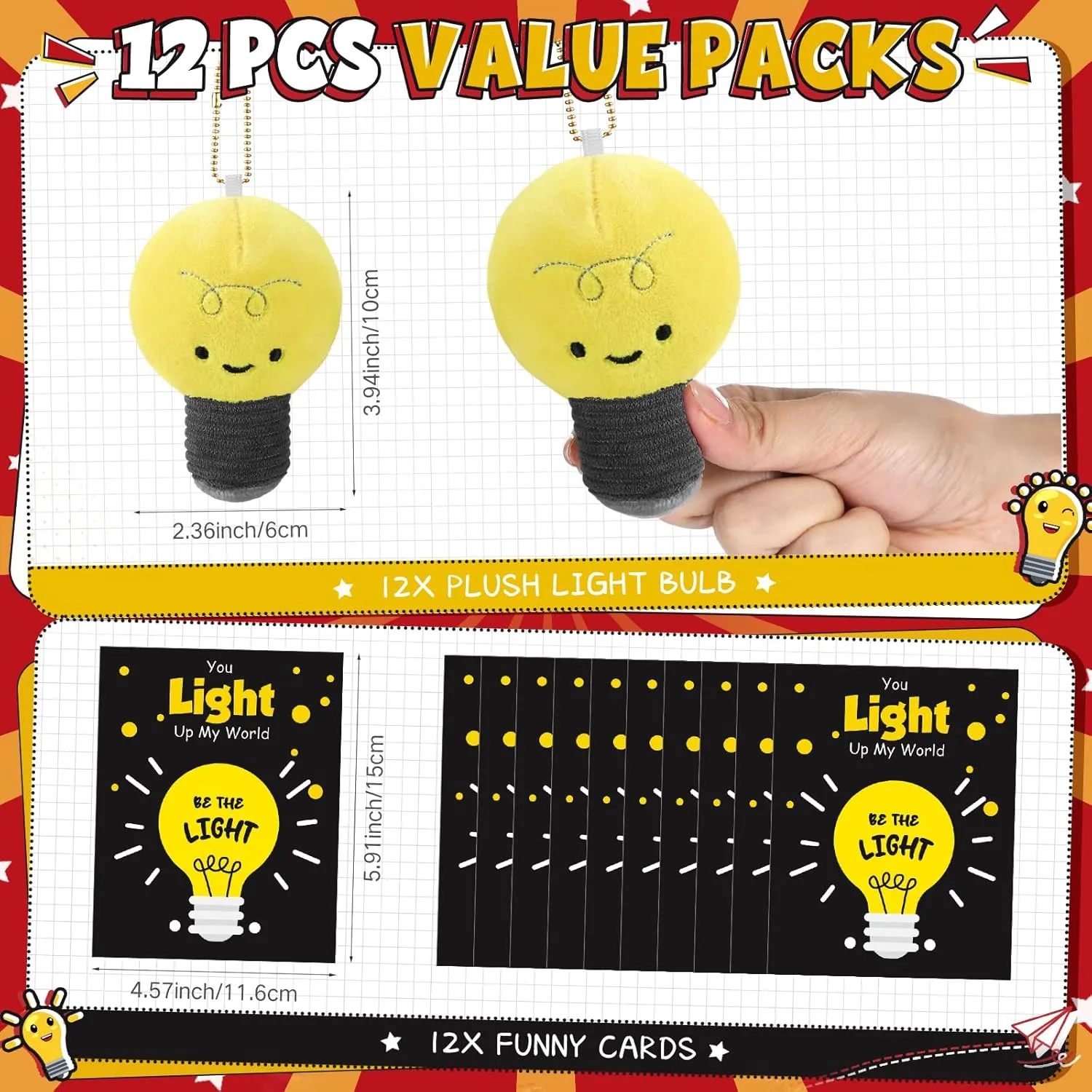 CNA Gift Bulk Employee Appreciation Gifts Light Bulb Plush Toy Squeeze Stress Balls with 12 You up My World Greeting Cards 12 Lights Plush Stuffed Toy for School Classroom(Yellow)