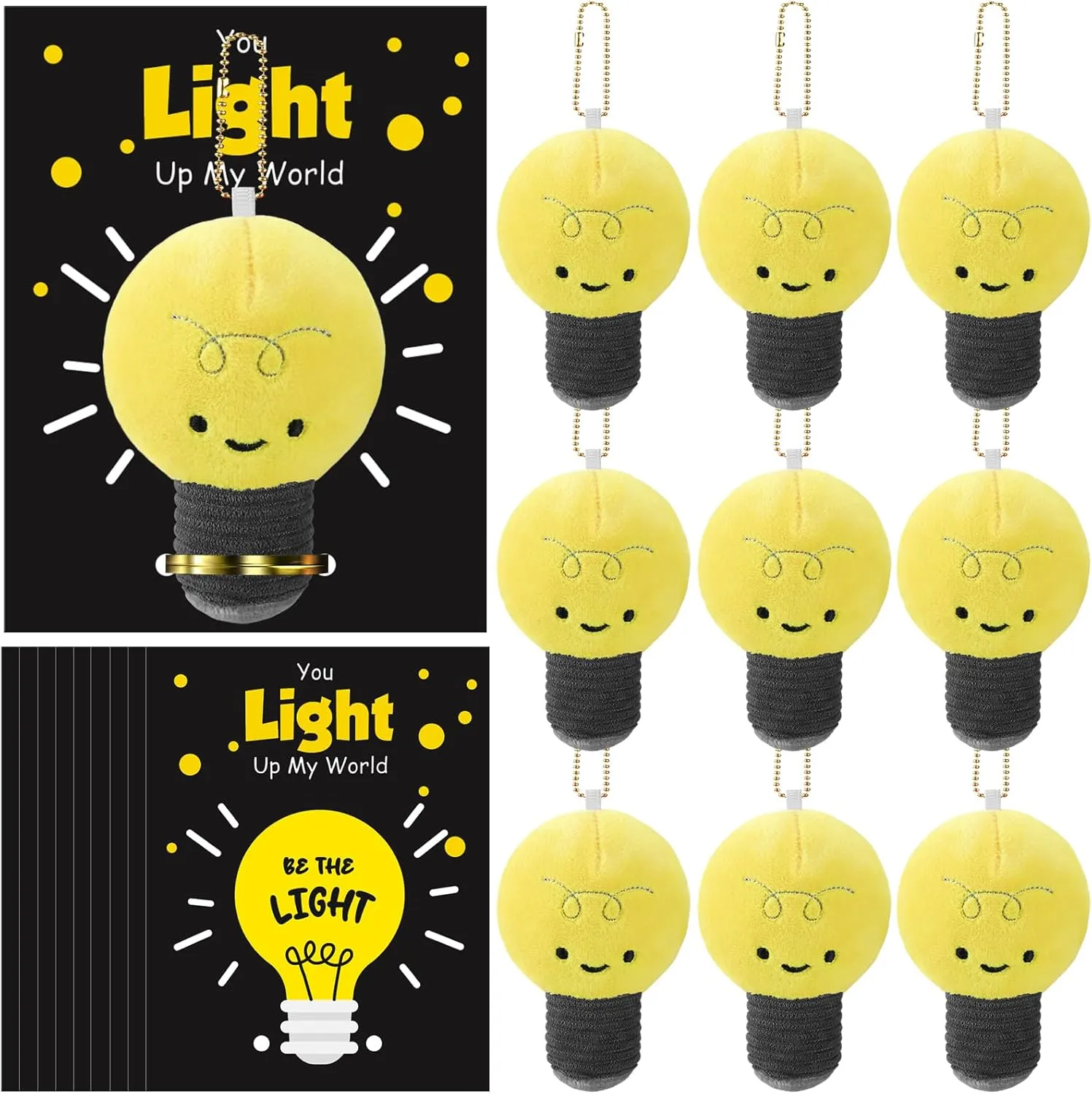 CNA Gift Bulk Employee Appreciation Gifts Light Bulb Plush Toy Squeeze Stress Balls with 12 You up My World Greeting Cards 12 Lights Plush Stuffed Toy for School Classroom(Yellow)