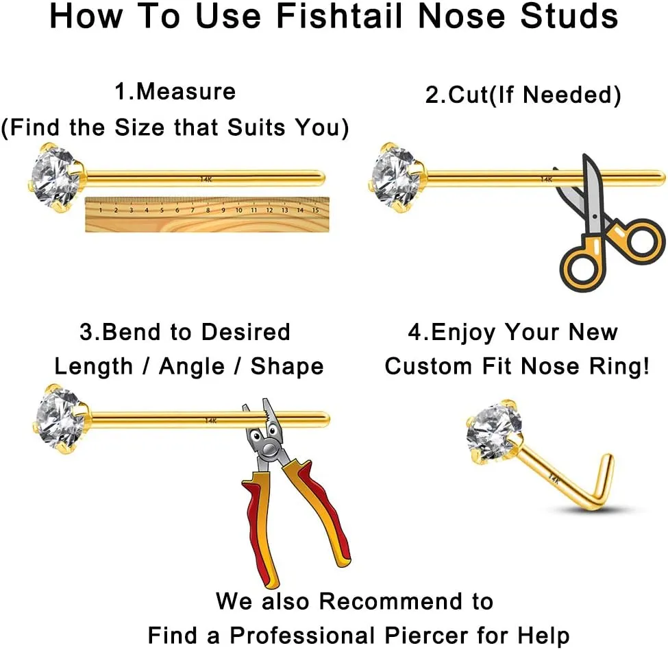 COCHARM Fishtail Nose Stud Ring 20g 14k Real Gold Custom Bendable Nose Rings CZ Nose Piercing Jewelry for Women Men 2mm 2.5mm 3mm