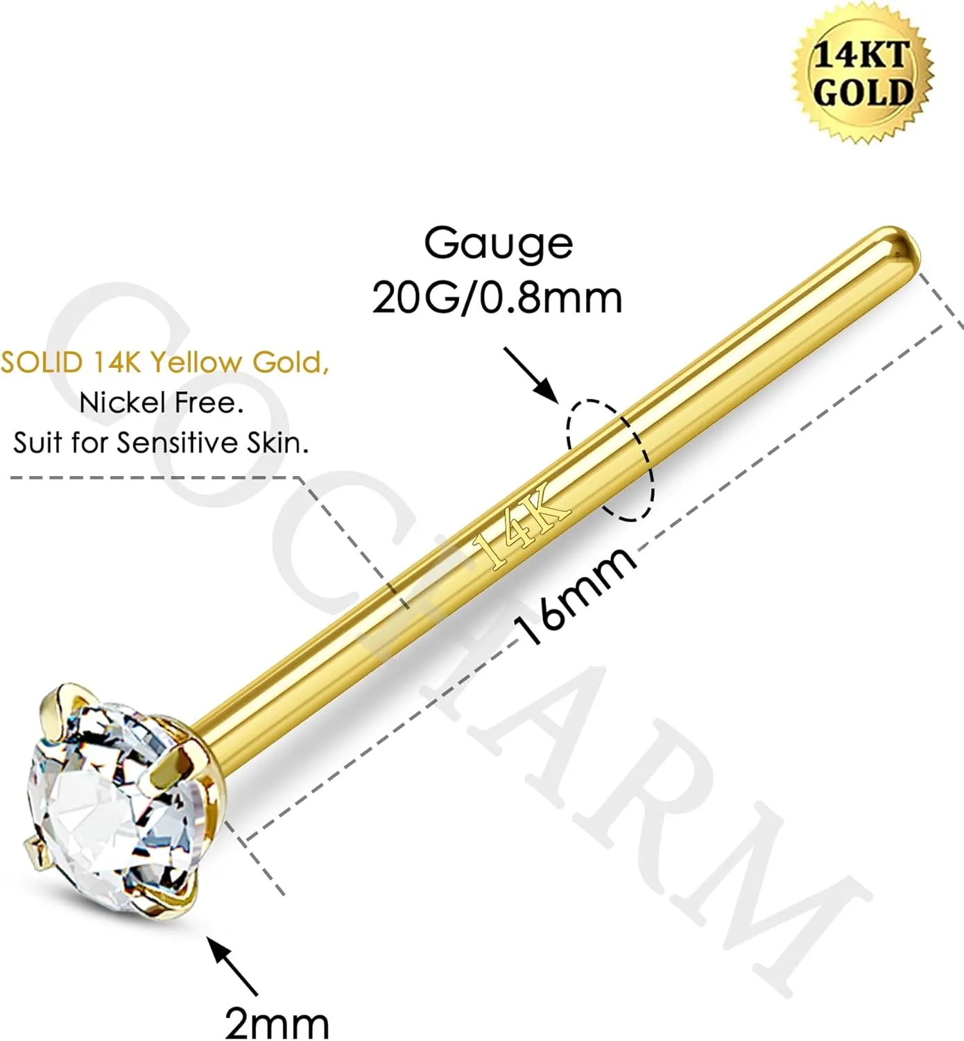 COCHARM Fishtail Nose Stud Ring 20g 14k Real Gold Custom Bendable Nose Rings CZ Nose Piercing Jewelry for Women Men 2mm 2.5mm 3mm